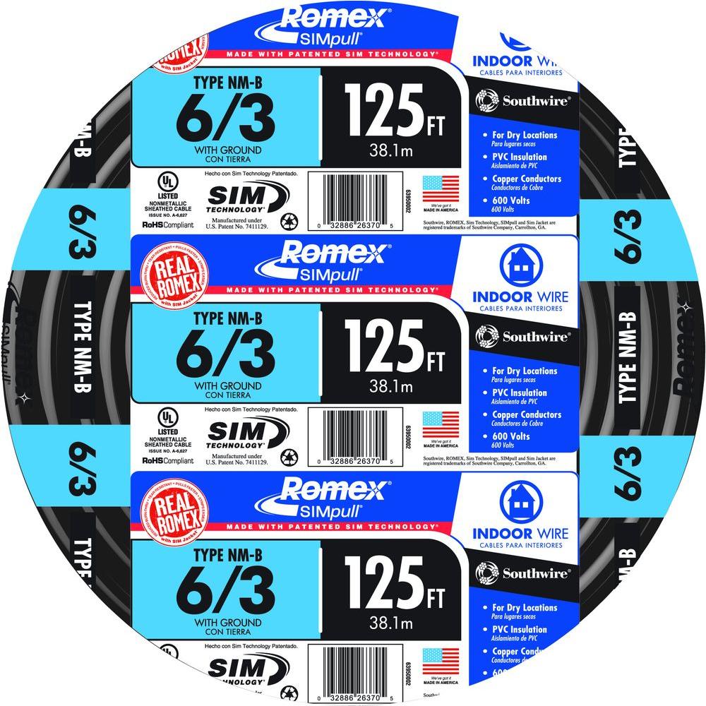 Southwire 125 Ft 6 3 Stranded Romex SIMpull CU NM B W G Wire 63950002 