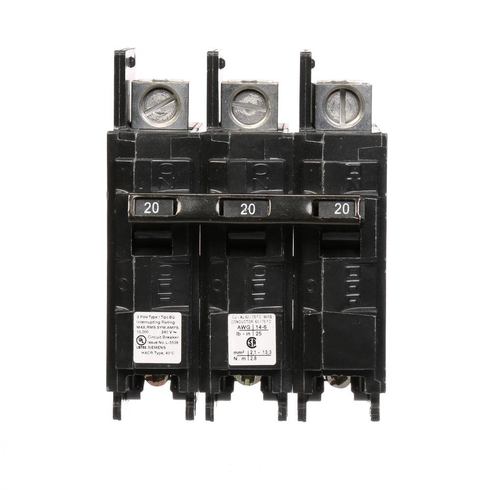 Siemens 20 Amp TriplePole Type BQ 10 kA LugIn/LugOut Circuit Breaker