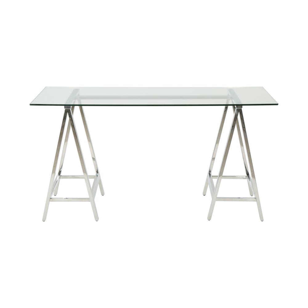 Noble House Gilia Glam Clear Tempered Glass Desk With Silver Gilia Glam Clear Tempered Glass Desk With Silver Stainless Steel Frame