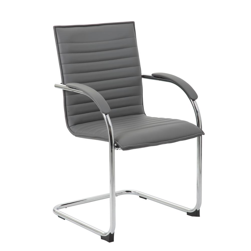 BOSS OFFICE Designer Side Arm Chair. Grey Caressoft Vinyl. Chrome Finish Arms & Frame. Plastic 