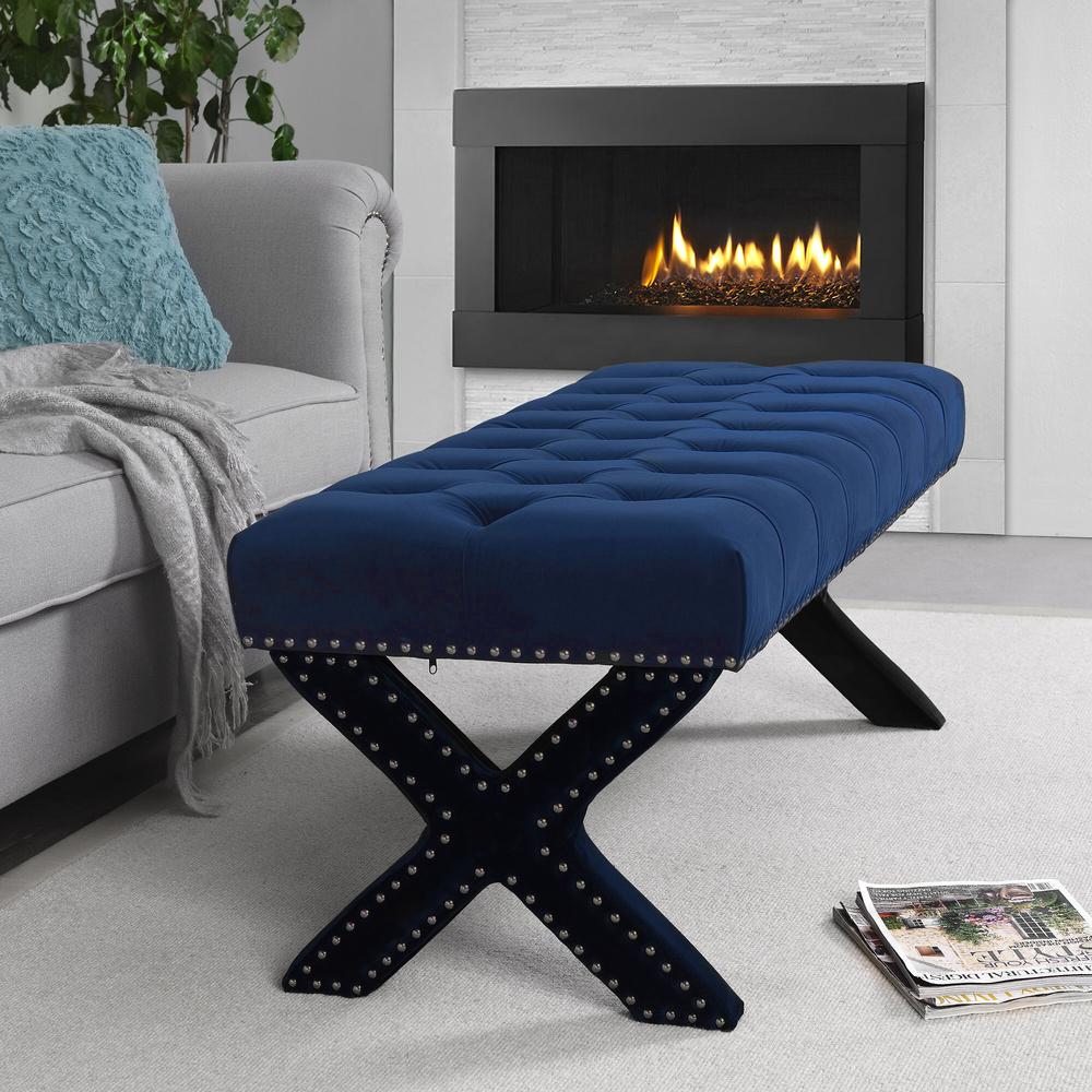 Inspired Home Bryoni Navy Velvet Bench Button Tufted Nailhead Trim