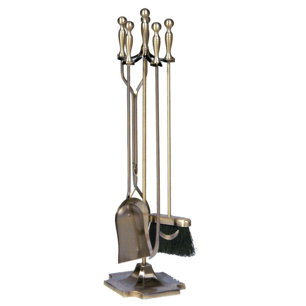 Uniflame Antique Brass 5 Piece Fireplace Tool Set With Heavy