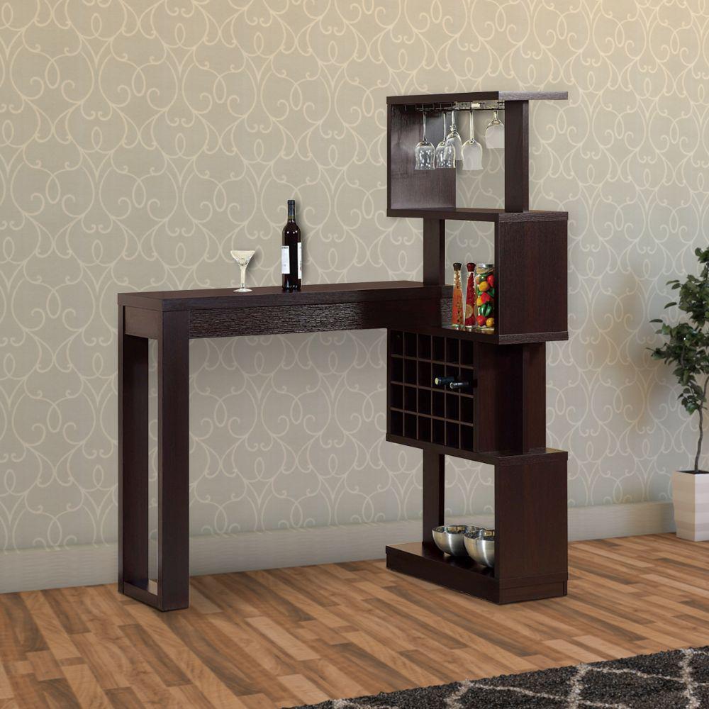 Benjara Well Designed Brown Bar Table With Wall Unit With Wine Racks Bm141912 The Home Depot