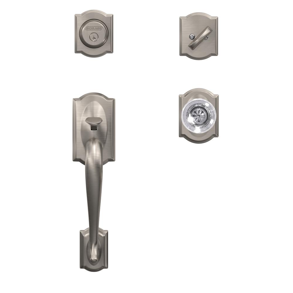 Schlage Camelot Satin Nickel Dummy Handleset with Hobson Glass Door