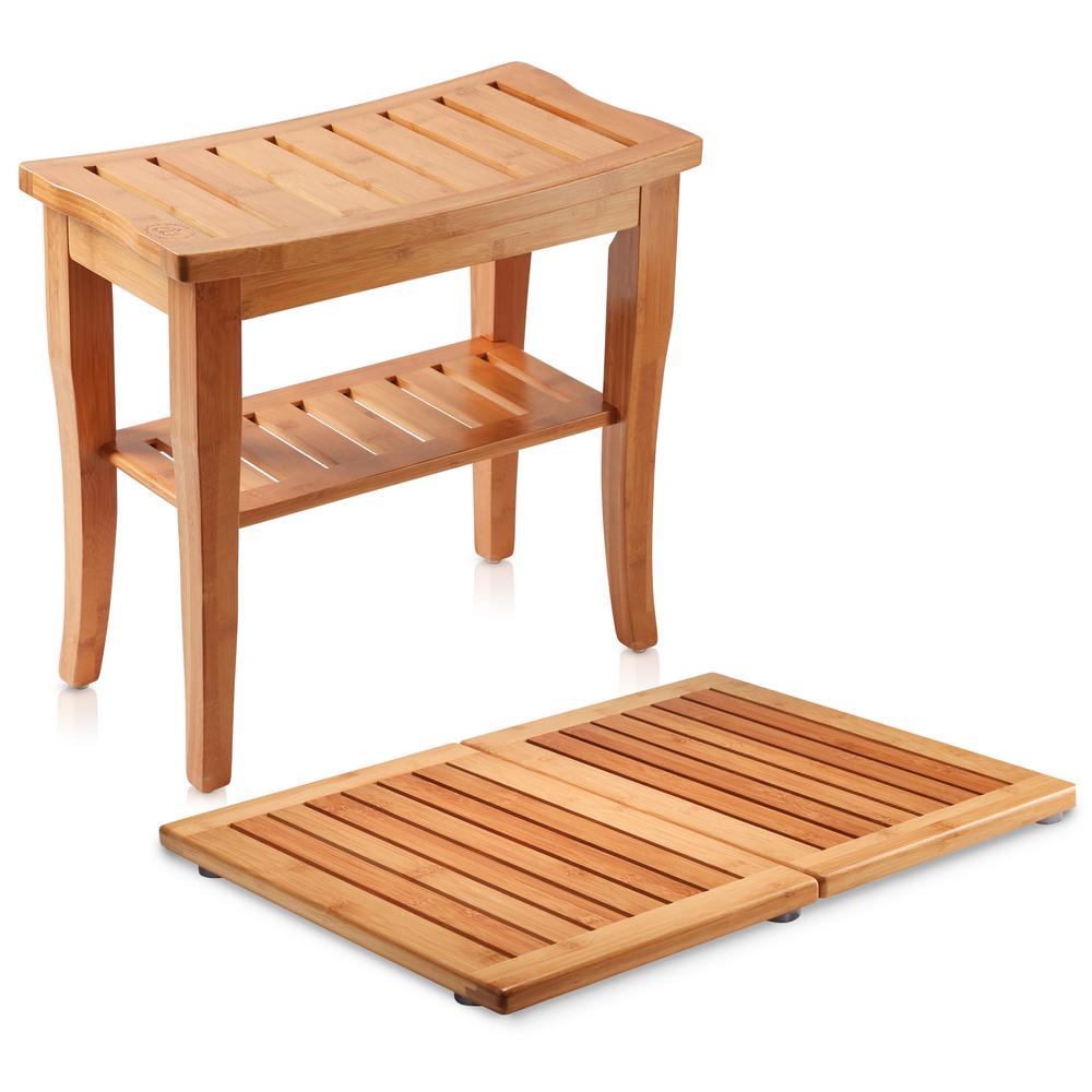 Bambusi Bamboo Shower Seat Bench With Bathroom Floor Mat For Indoor And Outdoor Decor Bam Smb The Home Depot