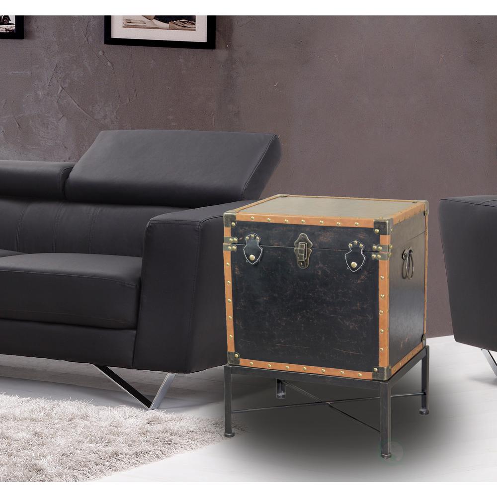 Vintiquewise Brown Faux Leather Trimmed Square Storage Trunk End Table