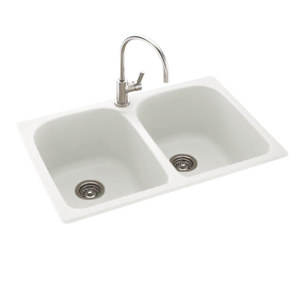 Swan Dual-Mount Solid Surface 33 in. x 22 in. 1-Hole 50/50 Double Bowl ...