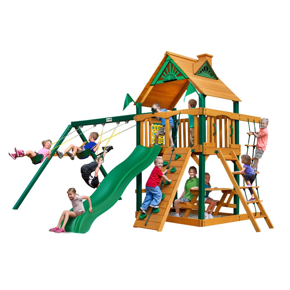 Gorilla Playsets Chateau Treehouse Wooden Swing Set With Timber Shield Posts Rock Wall And Picnic Table