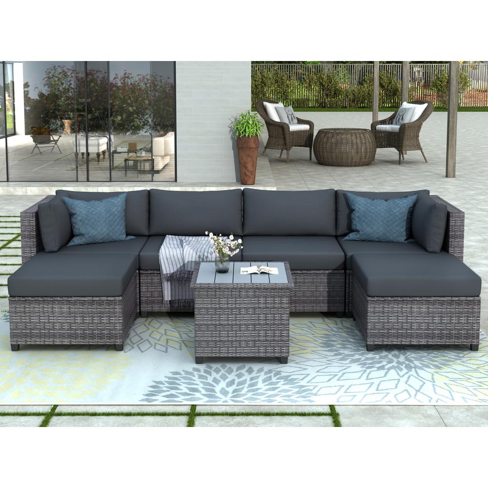 Boyel Living Gary 7 Piece Wicker Rattan Outdoor Patio Furniture Conversation Sofa Set With Blue Cushions Bh Wy000068eaa The Home Depot