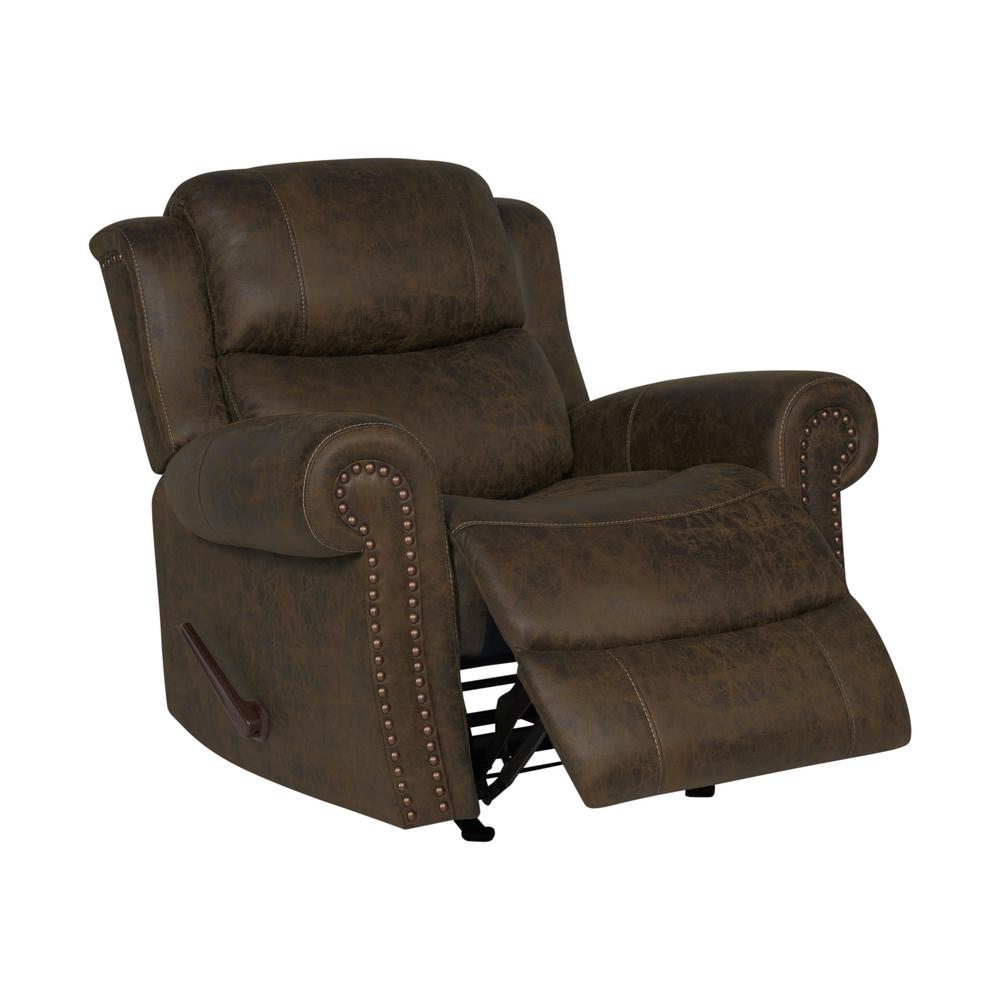Distressed Saddle Brown Faux Leather Extra Large Rocker Rolled Arm