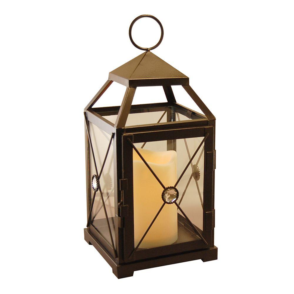 5.25 in x 12 in. Black Gem Metal Lantern with LED Candle90101 The