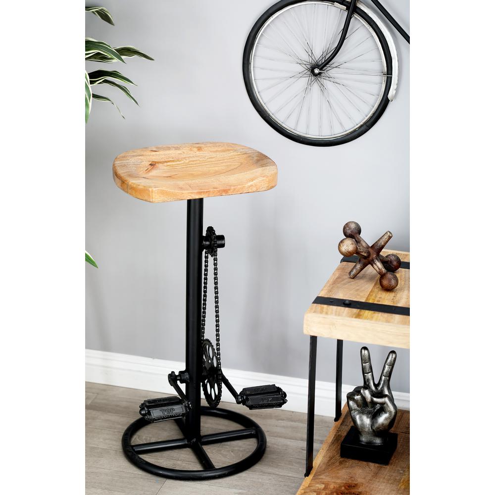 Litton Lane 32 In Oak Brown Pedal And Gears Bar Stool With Wooden Oak Brown Pedal And Gears Bar Stool With Wooden Seat