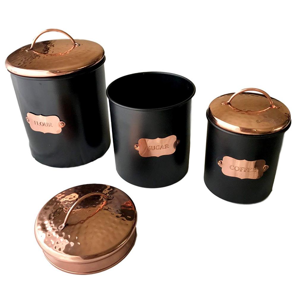 Kauri Design 3 Piece Matte Black Food Canister Set With Copper Lids Kauri Design 3 Piece Matte Black Food Canister Set With Copper Lids