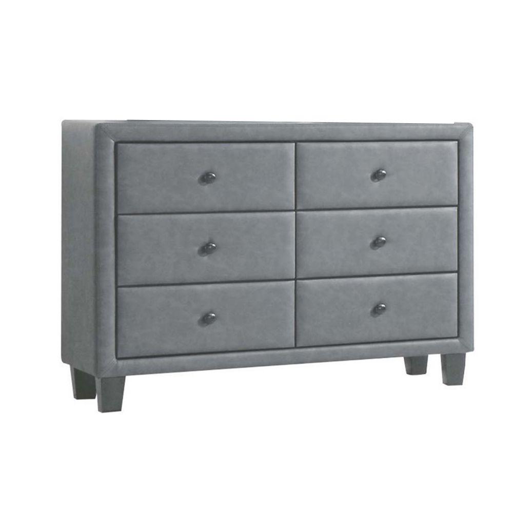 Benjara Gray Polyurethane Upholstered 6 Drawer Dresser With Wooden