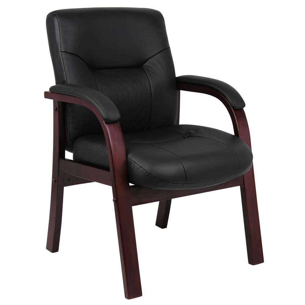 Boss Black Executive Leather Guest Chair with Mahogany Wood-B8909 - The