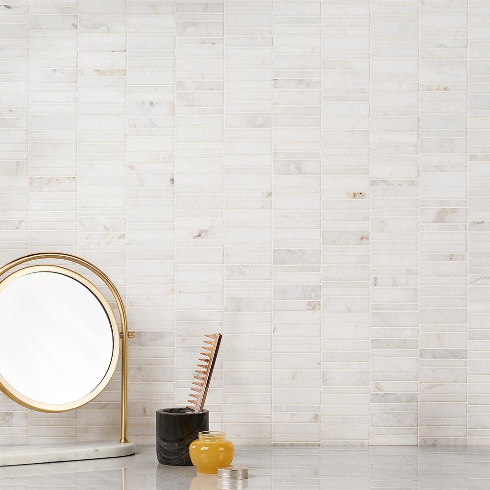 Ivy Hill Tile Arctic White 11 69 In X 11 69 In Waterfall Polished Marble Mosaic Tile 0 97 Sq Ft Sheet Ext3rd105899 The Home Depot
