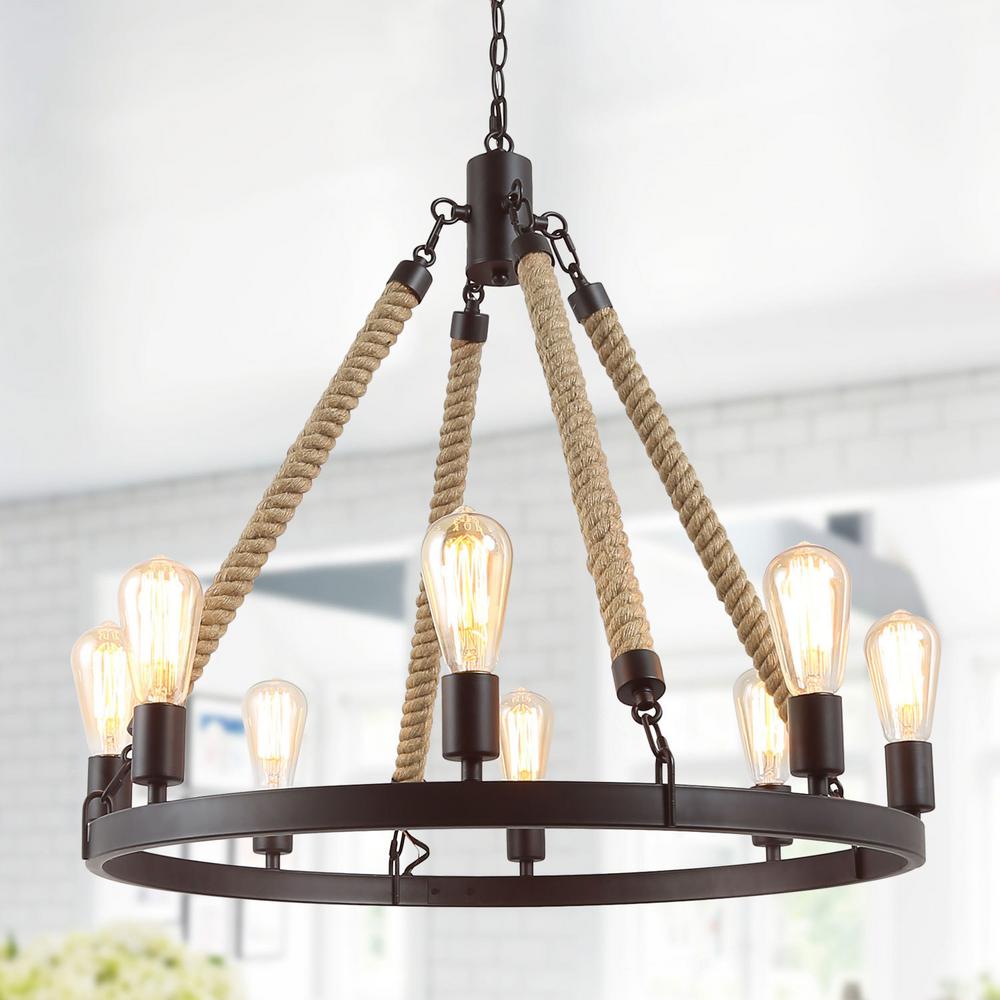 LNC Mick Farmhouse Chandelier Dark Bronze Rustic Round Wagon Wheel 8 Light Dining Room Light Fixture With Rope Accents A02994 The Home Depot