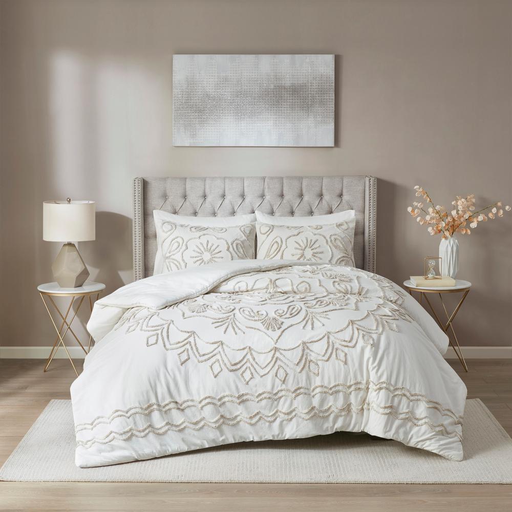 Madison Park Juliana 3 Piece Ivory Taupe Full Queen Tufted Cotton   Madison Park Comforters Comforter Sets Mp10 7140 64 600 