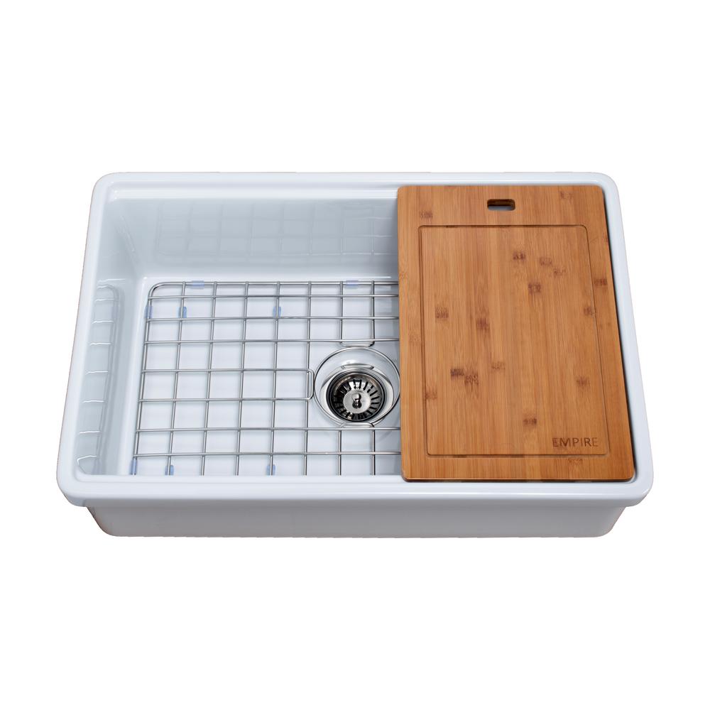 Empire Industries Tosca Farmhouse Fireclay 30 In Single Bowl Kitchen Sink In White With Cutting Board Bottom Grid And Strainer