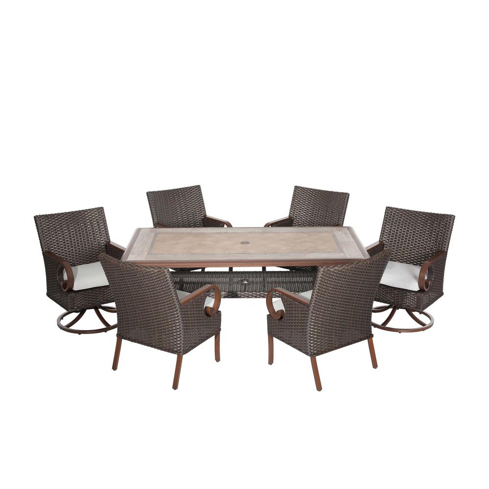 Nuu Garden Brooks Brown 7 Piece Wicker Outdoor Patio Dining Set With White Cushions Sws096 01 The Home Depot - Outdoor Patio Dining Sets Home Depot Nuu Garden Brooks Brown 7 Piece Wicker Outdoor Patio Dining Set With White Cushions Sws096 01 The Home Depot - Outdoor Patio Dining Sets Home Depot