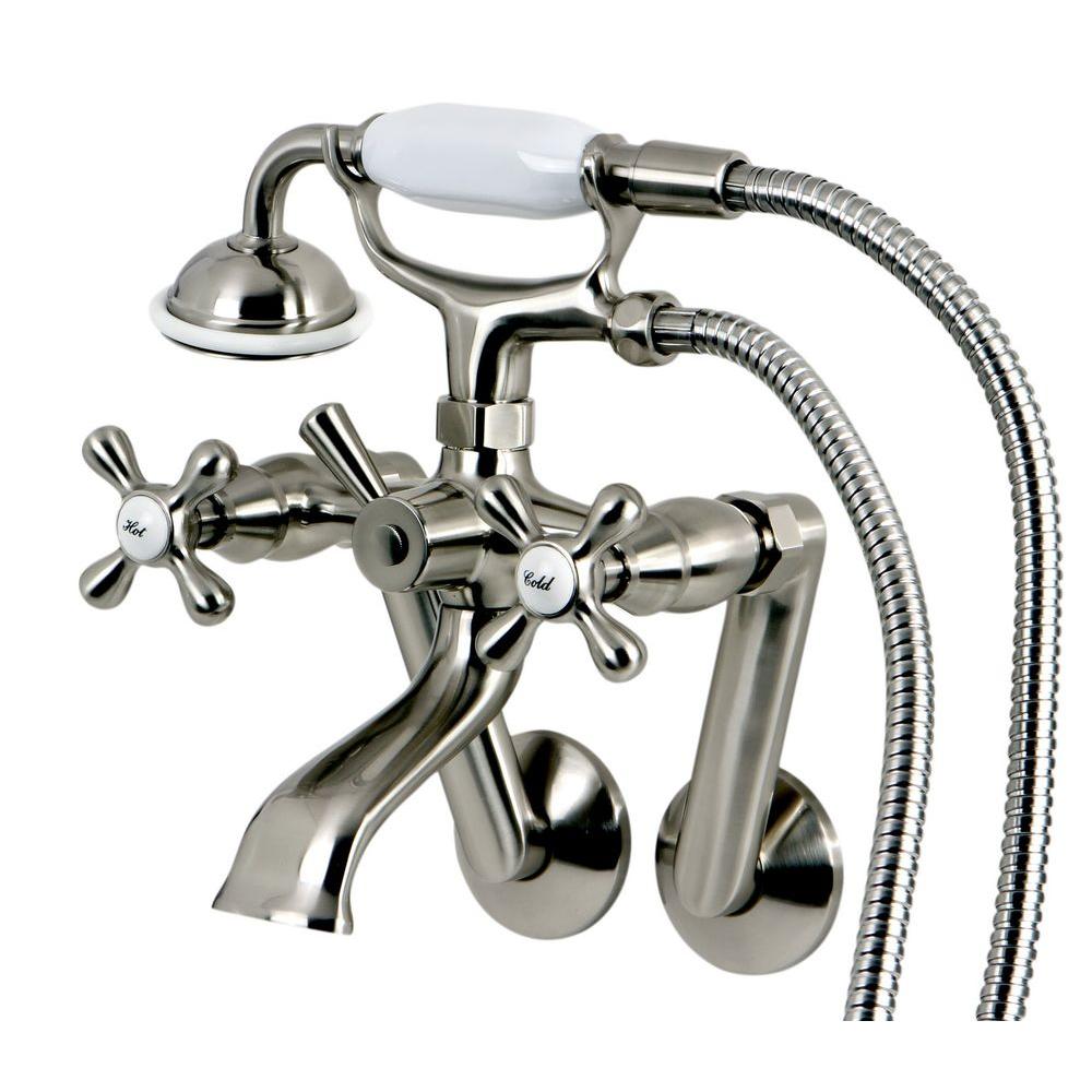Kingston Brass Victorian 3 Handle Tub Wall Claw Foot Tub Faucet With Hand Shower In Brushed Nickel