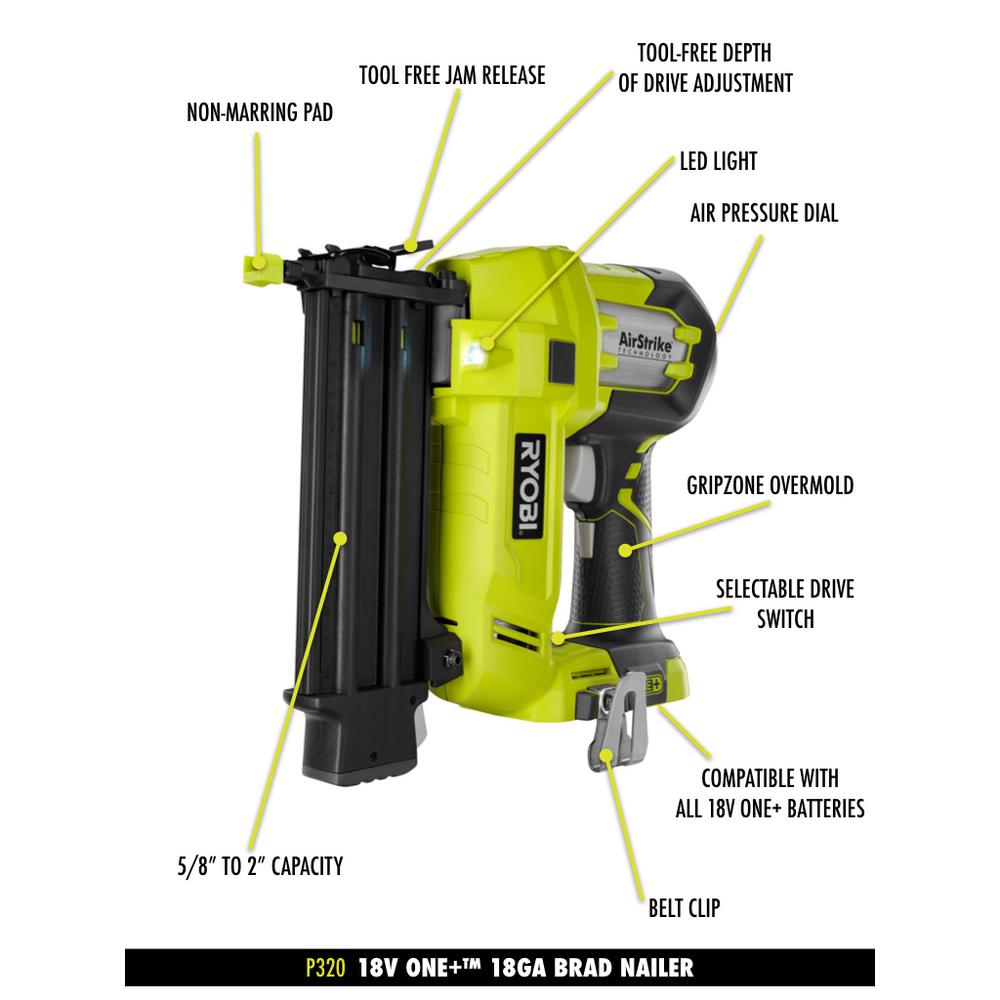18-Volt ONE+ Cordless AirStrike 18-Gauge Brad Nailer (Tool Only) with Sample Nails