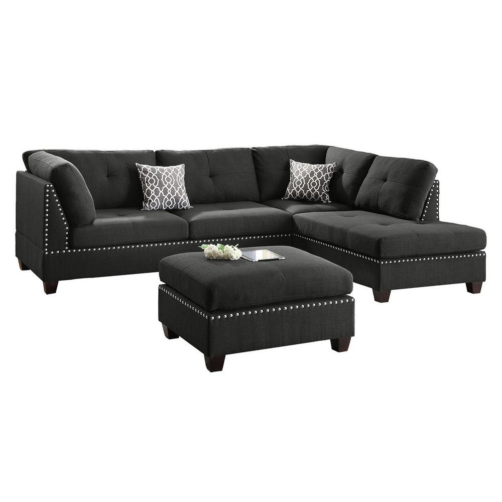 POUNDEX Bobkona 3Piece Black Polyester 6Seater LShaped Sectional
