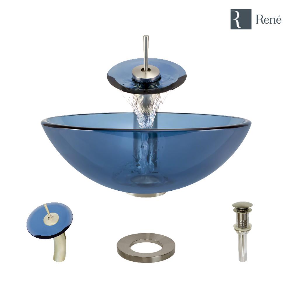 Rene Glass Vessel Sink in Celeste with Waterfall Faucet and PopUp