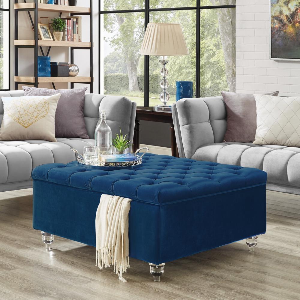 Inspired Home Saige Blue Velvet Tufted Square Acrylic Leg Inspired Home Saige Blue Velvet Tufted Square Acrylic Leg