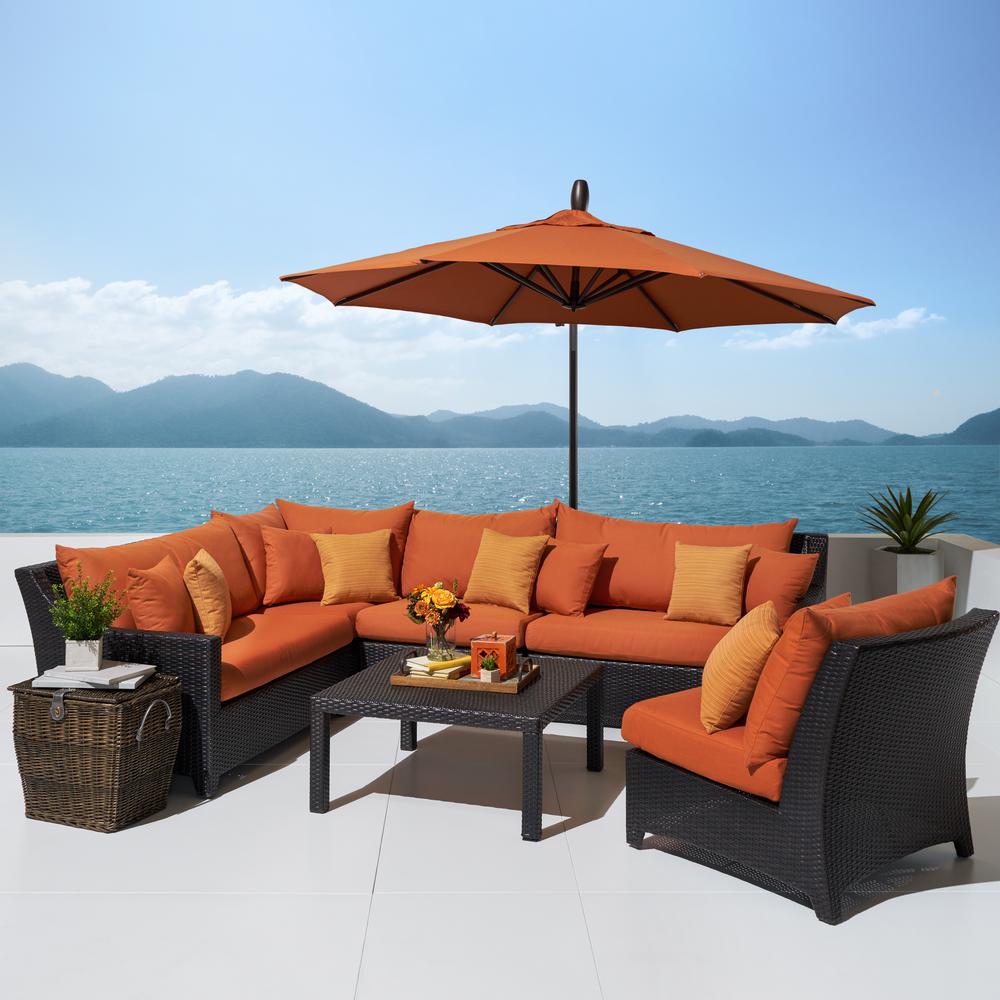 Rst Brands Deco 6 Piece All Weather Wicker Patio Sectional Set With 10 Ft Umbrella And Sunbrella Tikka Orange Cushions Op Pess6u Tka K The Home Depot