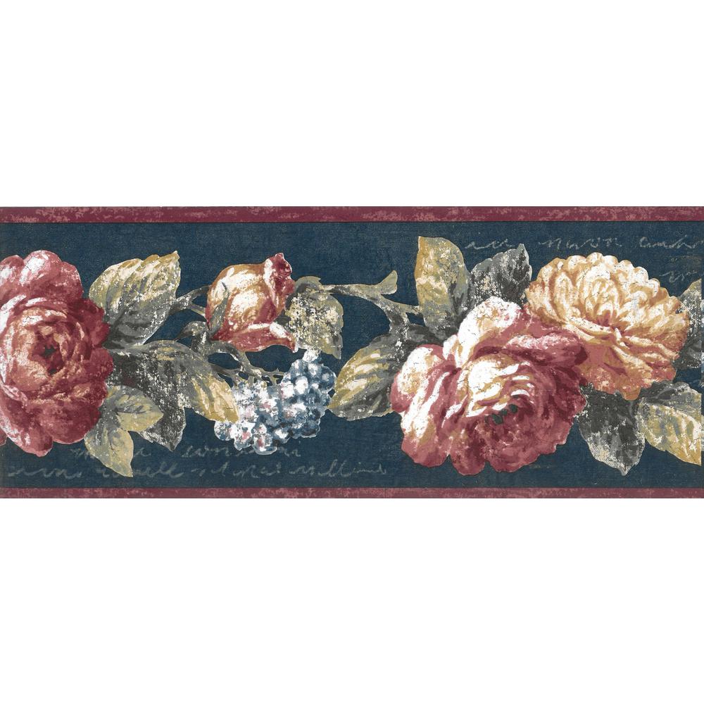 Falkirk Brin Aegean Blue Yellow Maroon Blooming Roses On Vine Vintage Prepasted Wallpaper Border
