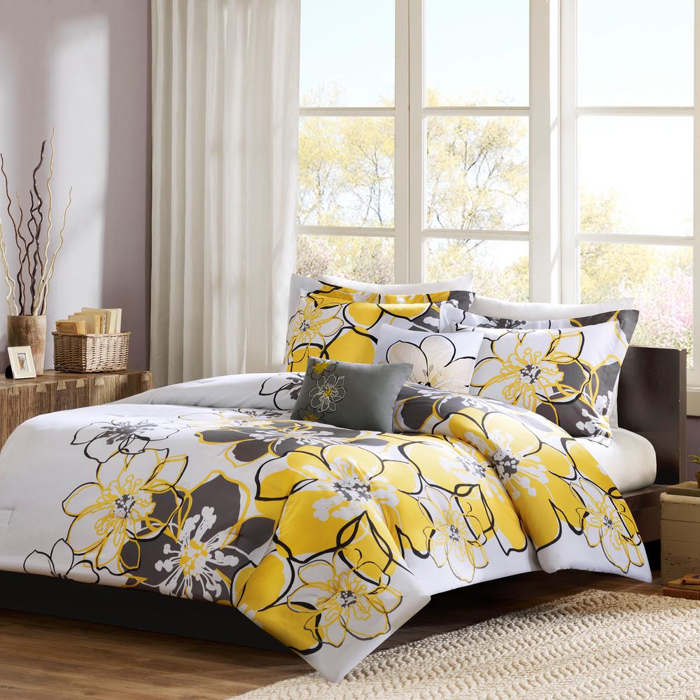 Mi Zone Skylar 4 Piece Yellow Grey Full Queen Comforter Set Mz10