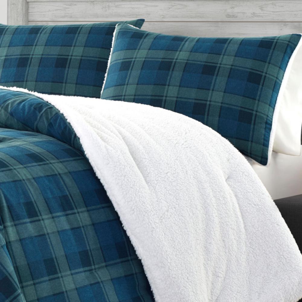 Eddie Bauer 2 Piece Monroe Plaid Blue Flannel Sherpa Twin