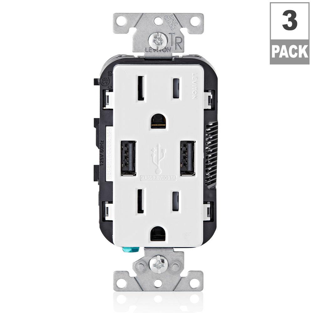 Photo 1 of 15 Amp Decora Combination Tamper Resistant Duplex Outlet and USB Charger, White (3-Pack)