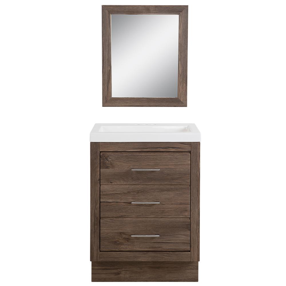 Glacier Bay Collinswood 24 In W Bath Vanity Vintage Oak With W Bath Vanity In Vintage Oak With Cultured Marble Top White Sink And Mirror