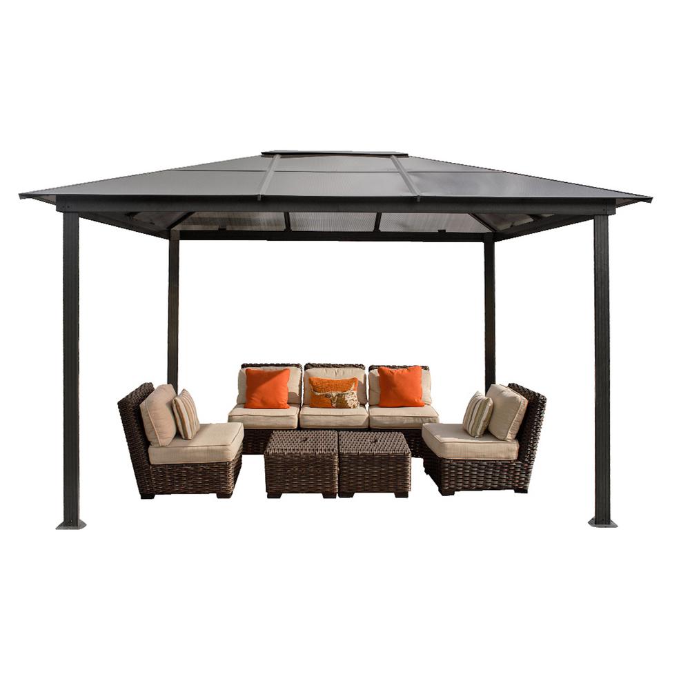 Patio Gazebos Sheds Garages Outdoor Storage The Home Depot Aluminum Hard Top Gazebo With Louvered Roof And Mosquito Netting