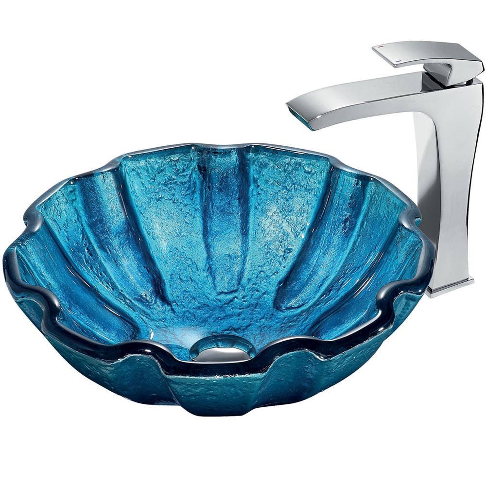 Vigo Mediterranean Seashell Vessel Sink In Blue With Waterfall Mediterranean Seashell Vessel Sink In Blue With Faucet Chrome