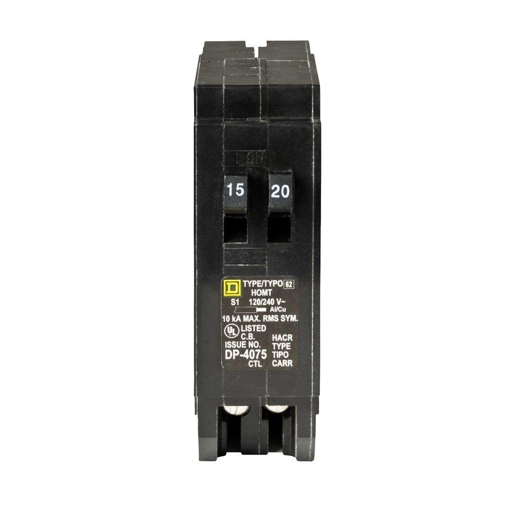 Square D Homeline 15 Amp 20 Amp Single Pole Tandem Circuit Breaker Homt1520cp The Home Depot