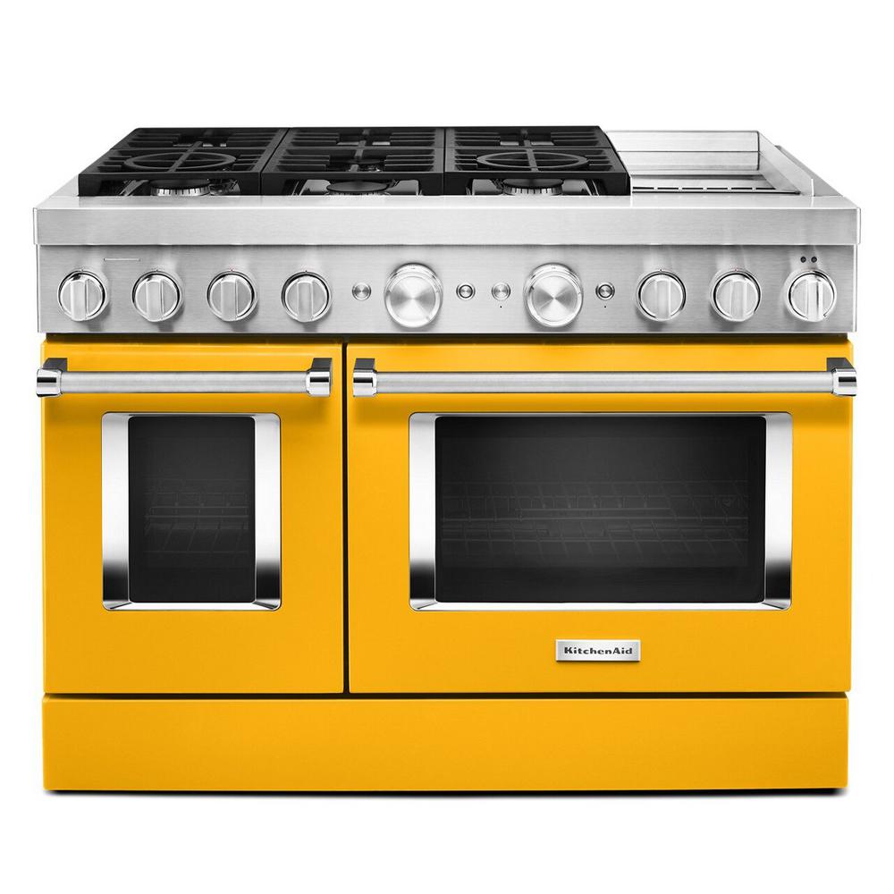 KitchenAid 48 in. 6.3 cu. ft. Smart Double Oven Dual Fuel Range with True Convection in Yellow Pepper with Griddle For Sale