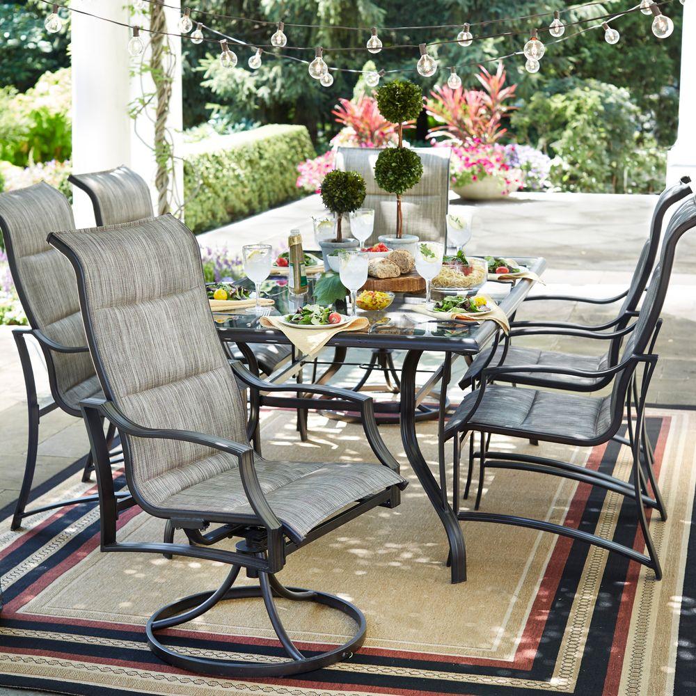 Statesville Aluminum Patio Furniture Outdoors The Home Depot Statesville Pewter 7 Piece Aluminum Outdoor Dining Set