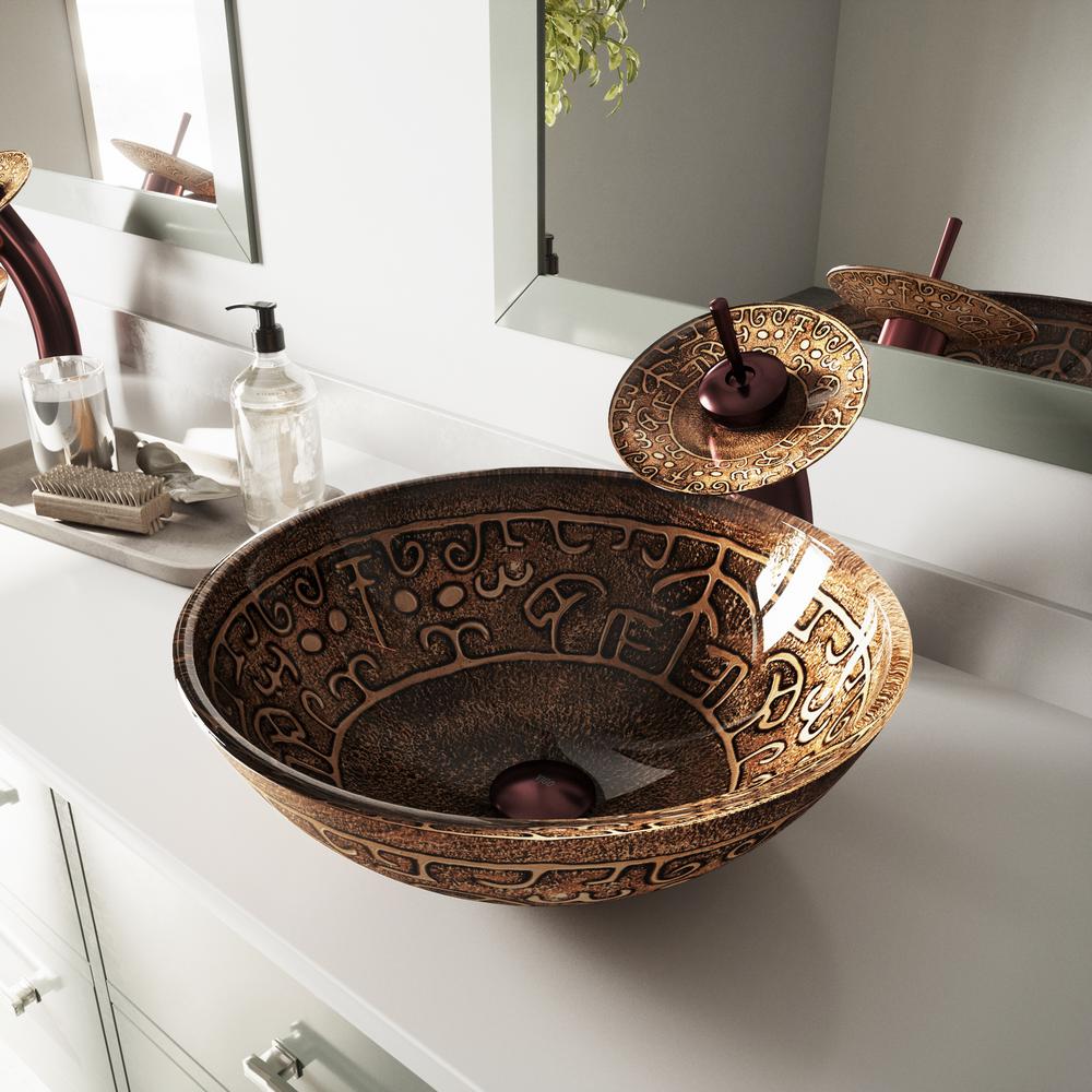 VIGO Golden Greek Vessel Sink in Browns with Waterfall Faucet in Oil