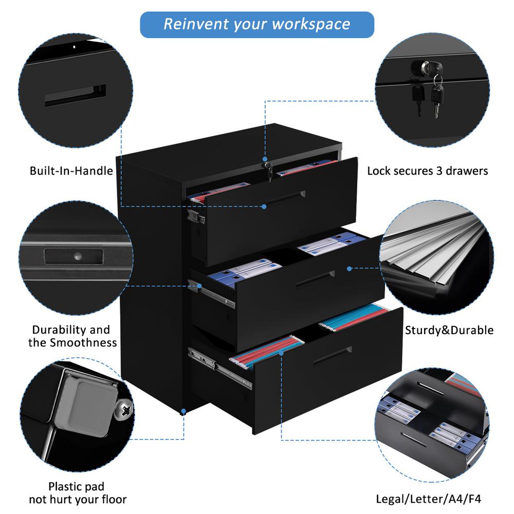 Merax Black Lockable Heavy Duty Lateral Metal File Cabinet With 3 Drawer Wf192107baa The Home Depot