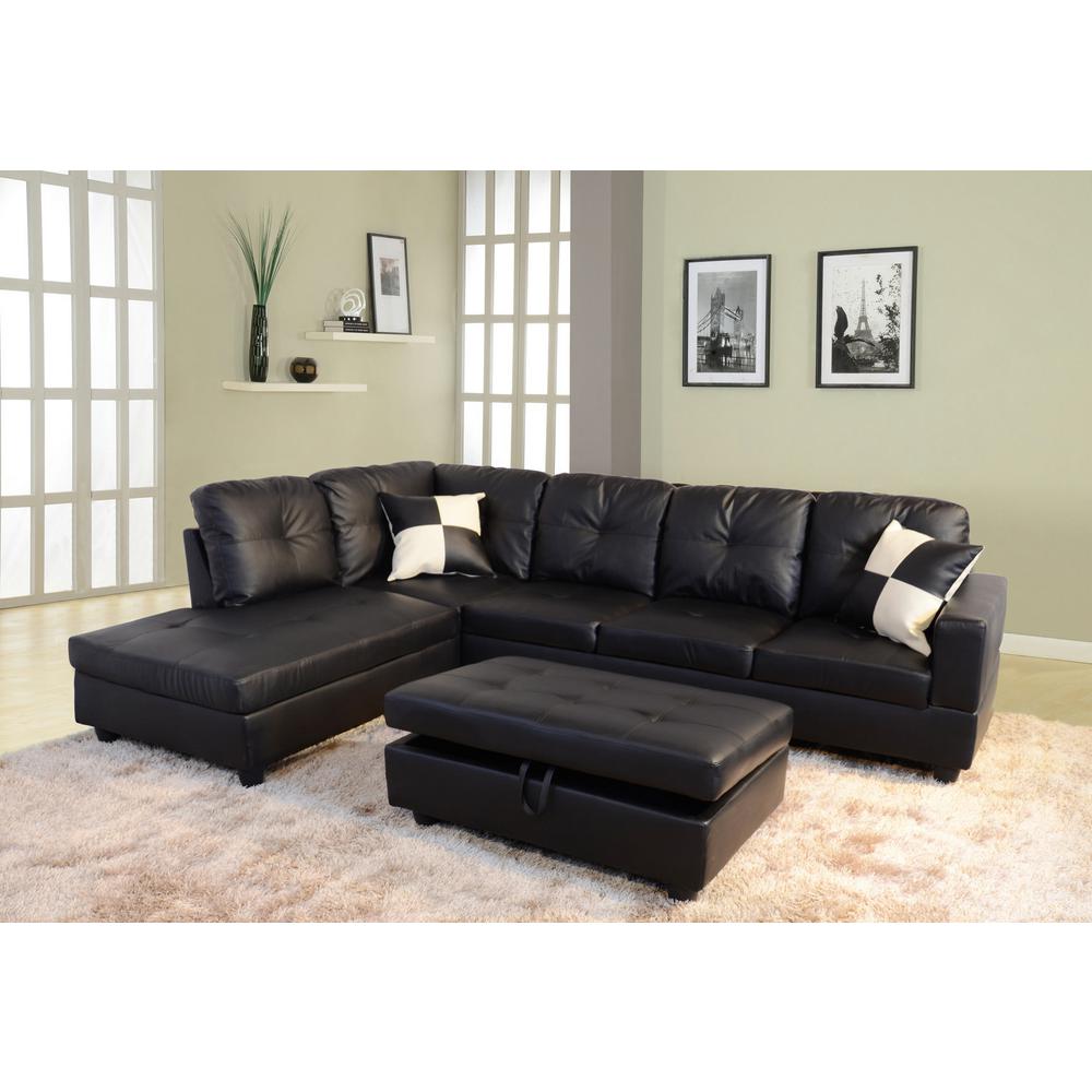 Black Right Chaise Sectional With Storage Ottoman Sh091b The