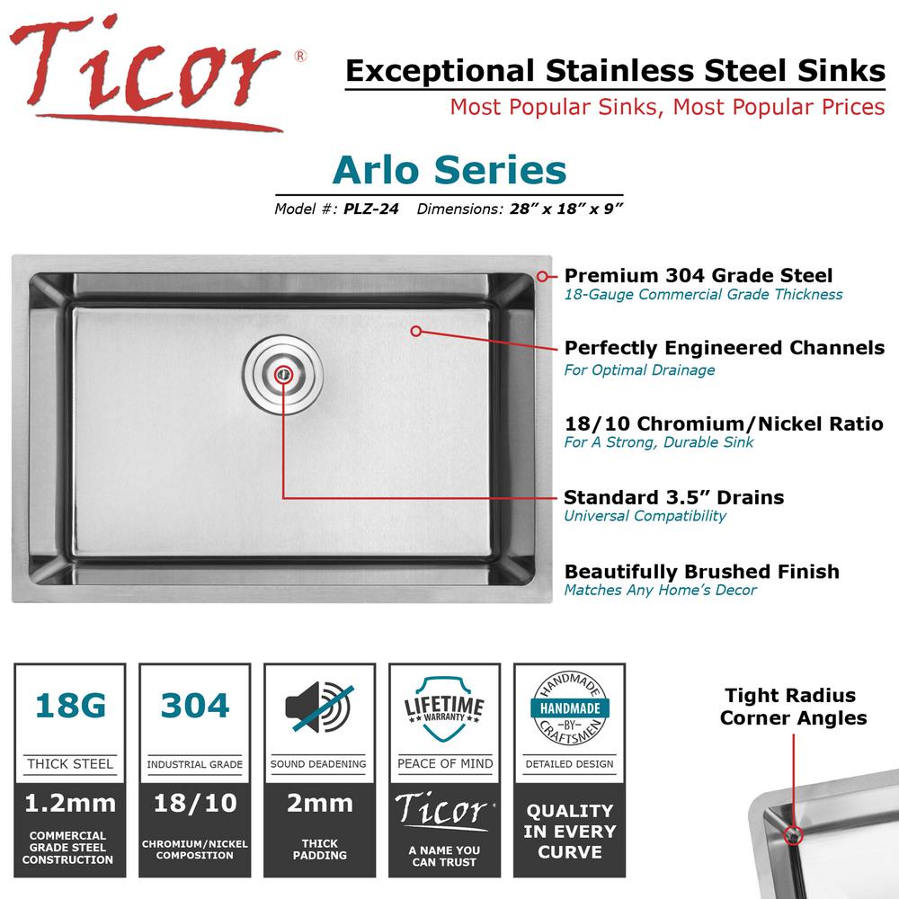 Ticor Arlo Undermount 18 Gauge Stainless Steel 28 In Single Bowl Kitchen Sink With Basket Strainer Plz 24 The Home Depot