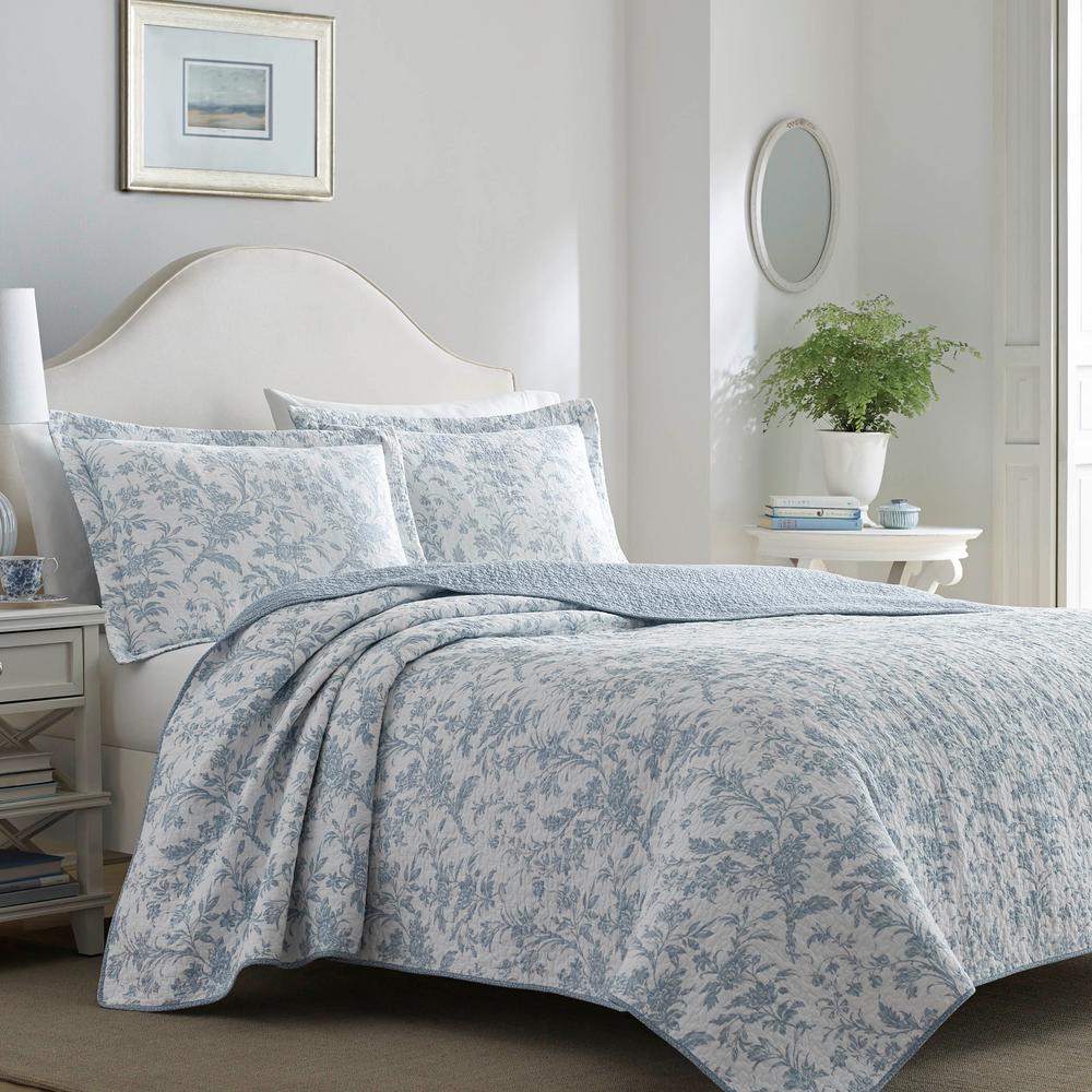 Laura Ashley Amberley 3-Piece Blue King Quilt Set 221083 - The Home Depot