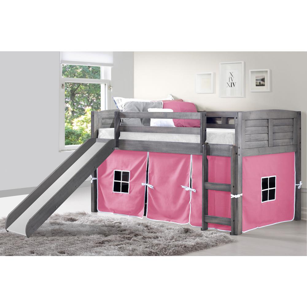 Donco Kids Antique Grey Twin Louver Low Loft Bed With Slide And Pink Tent Kit 790 Aag 750c Tp 785 Ag The Home Depot