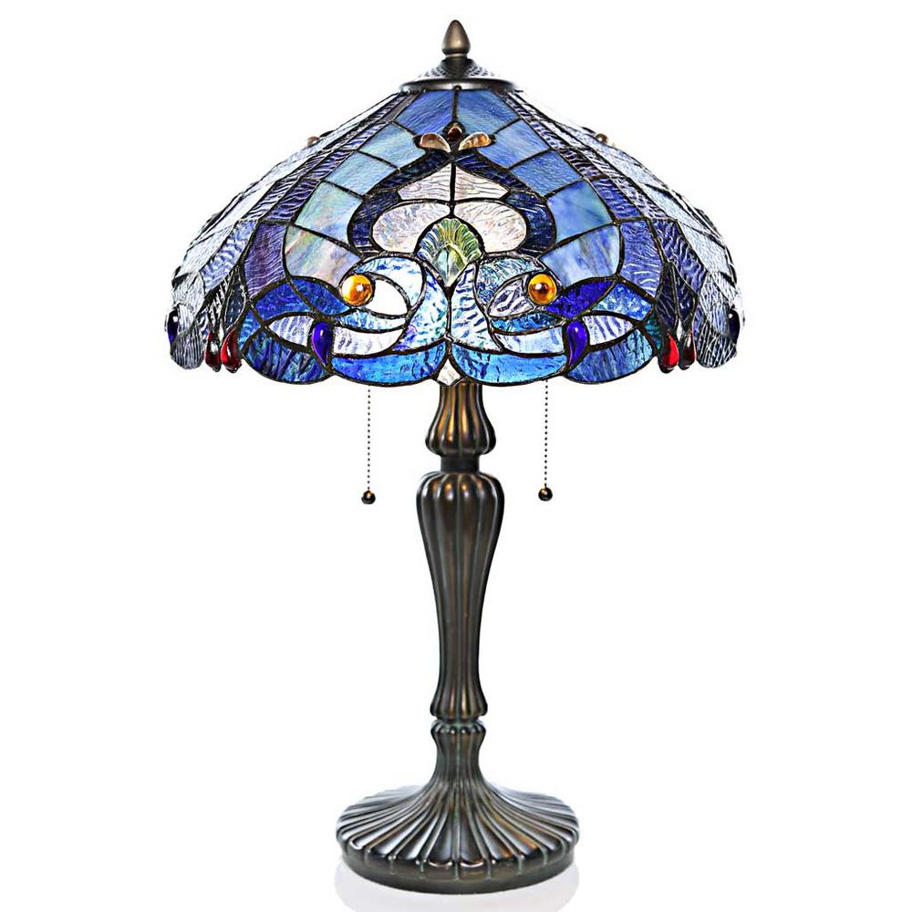 Zinc Base 18"W Peacock Stained Glass Handcrafted Jeweled Table Desk Lamp 