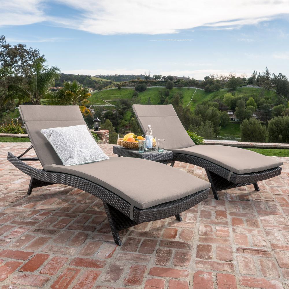 Noble House Miller Grey 3Piece Wicker Outdoor Chaise Lounge and Table