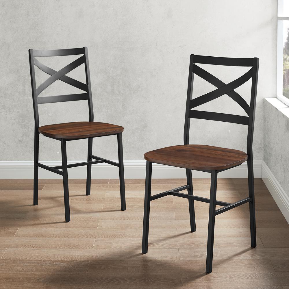 Walker Edison Furniture Company Angle Iron X Back Dark Walnut Metal And Wood Dining Chairs Set Of 2 Hd8145 The Home Depot