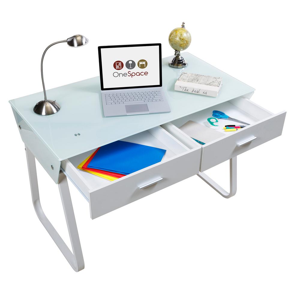 Onespace White Ultramodern Glass Computer Desk With Drawers 50